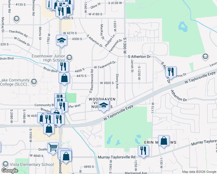 map of restaurants, bars, coffee shops, grocery stores, and more near 4520 Thornwood Avenue in Salt Lake City