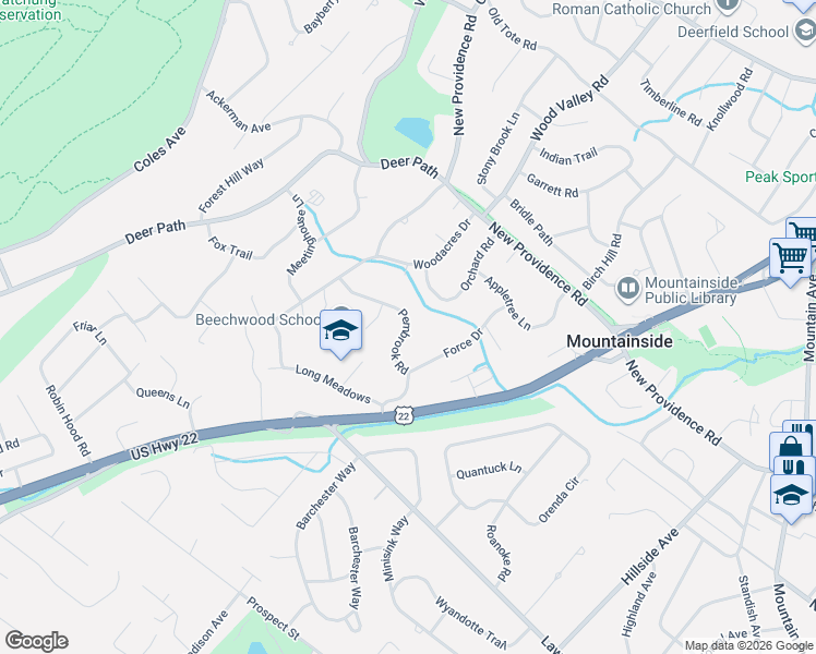 map of restaurants, bars, coffee shops, grocery stores, and more near 252 Pembrook Road in Mountainside