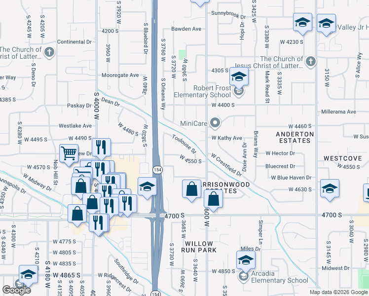 map of restaurants, bars, coffee shops, grocery stores, and more near 3675 Toulouse Street in West Valley City