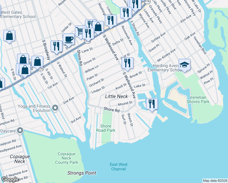 map of restaurants, bars, coffee shops, grocery stores, and more near 4 Hoyt Place in Lindenhurst