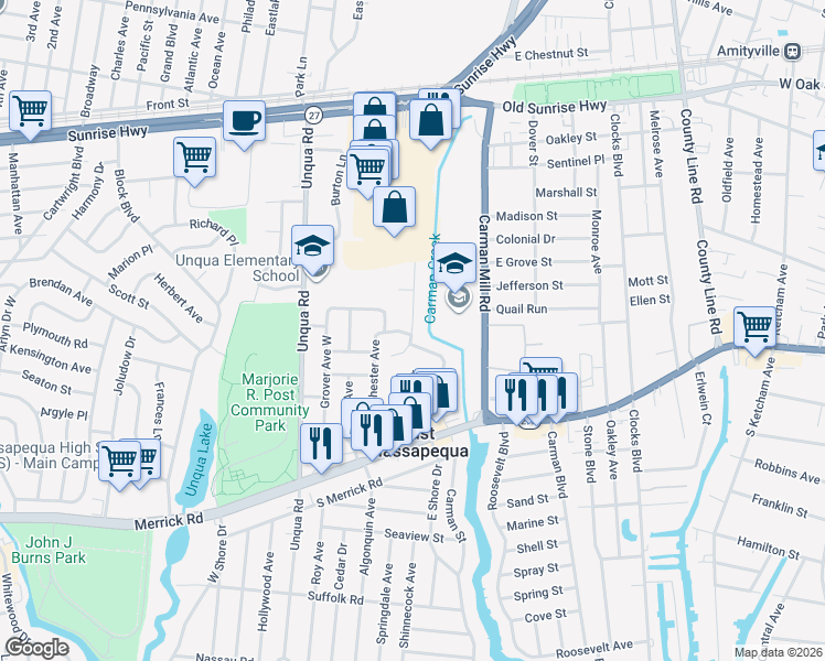 map of restaurants, bars, coffee shops, grocery stores, and more near 223 Belair Drive in Massapequa Park