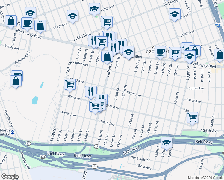 map of restaurants, bars, coffee shops, grocery stores, and more near 130-56 120th Street in Queens
