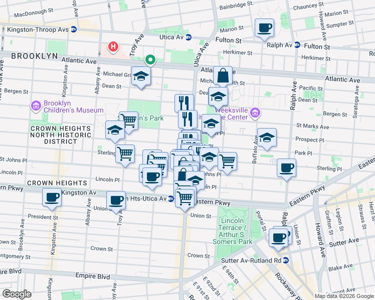 map of restaurants, bars, coffee shops, grocery stores, and more near 196 Utica Avenue in Brooklyn