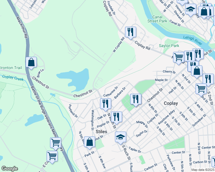 map of restaurants, bars, coffee shops, grocery stores, and more near 1060 Bernice Drive in Coplay
