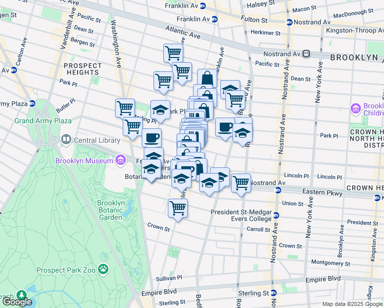 map of restaurants, bars, coffee shops, grocery stores, and more near 774 Franklin Avenue in Brooklyn