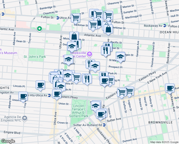 map of restaurants, bars, coffee shops, grocery stores, and more near Buffalo Avenue in Brooklyn