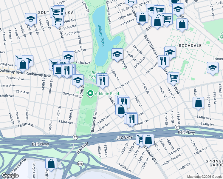 map of restaurants, bars, coffee shops, grocery stores, and more near 153-07 132nd Avenue in Queens