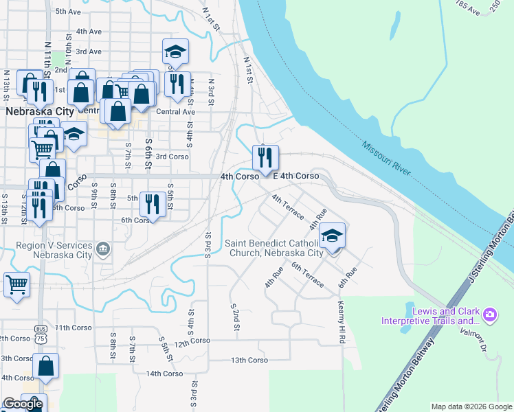 map of restaurants, bars, coffee shops, grocery stores, and more near 124 4th Terrace in Nebraska City
