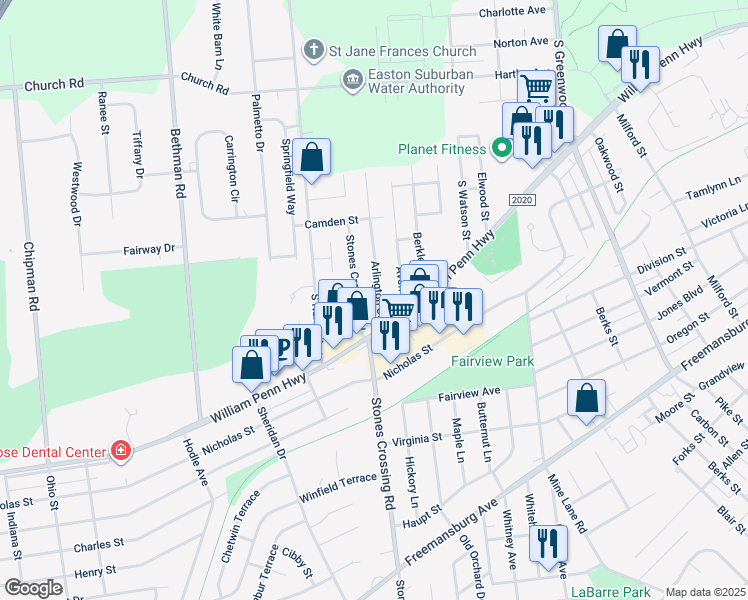 map of restaurants, bars, coffee shops, grocery stores, and more near 450 Arlington Street in Easton