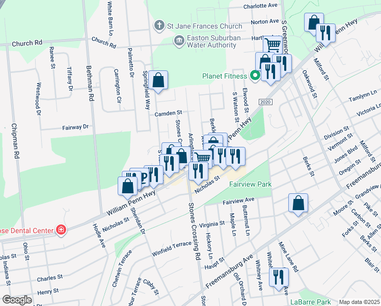 map of restaurants, bars, coffee shops, grocery stores, and more near 450 Arlington Street in Easton