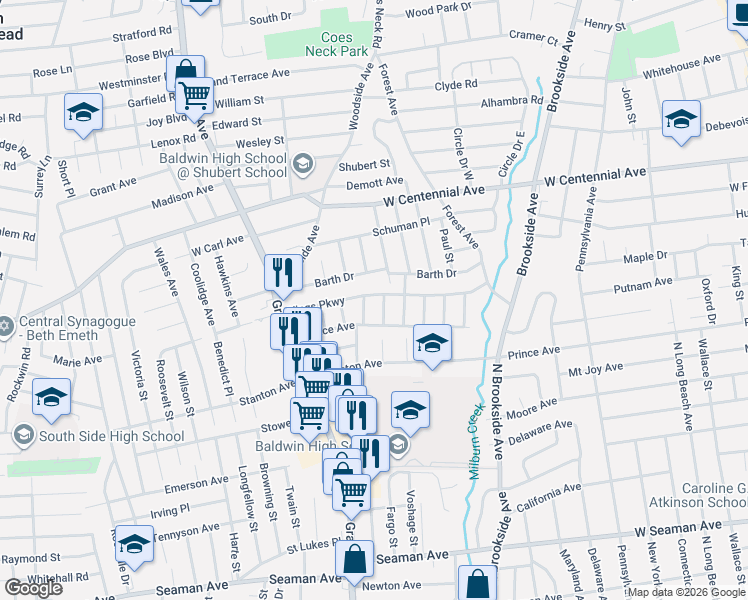 map of restaurants, bars, coffee shops, grocery stores, and more near 895 Kings Parkway in Baldwin
