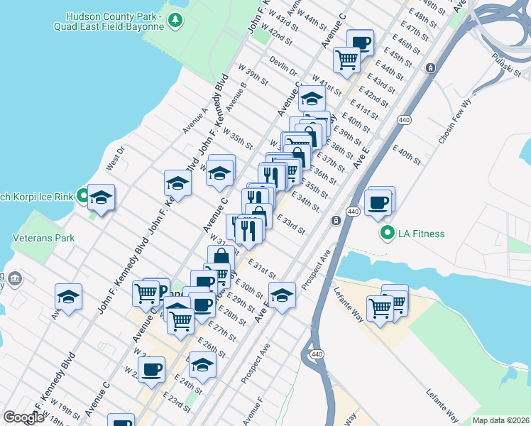 map of restaurants, bars, coffee shops, grocery stores, and more near 15 West 33rd Street in Bayonne