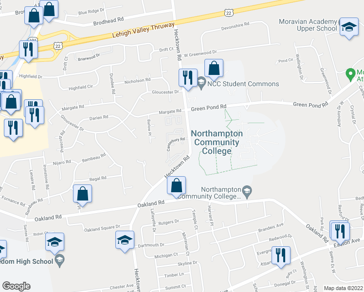 map of restaurants, bars, coffee shops, grocery stores, and more near 3511 Canterbury Court in Bethlehem