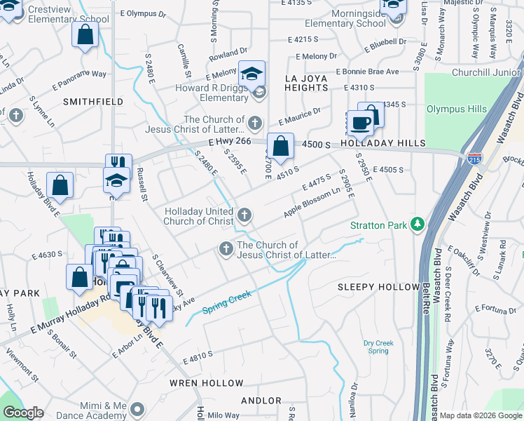 map of restaurants, bars, coffee shops, grocery stores, and more near 2648 4510 South in Holladay
