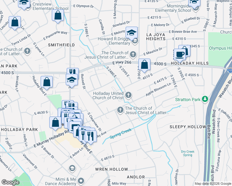 map of restaurants, bars, coffee shops, grocery stores, and more near 2609 East Keddington Lane in Holladay