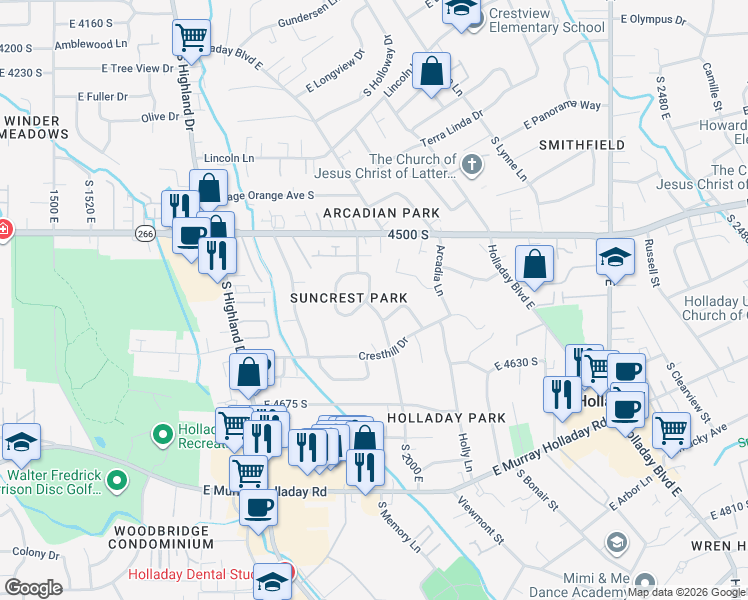 map of restaurants, bars, coffee shops, grocery stores, and more near 2016 Ribbon Lane in Holladay