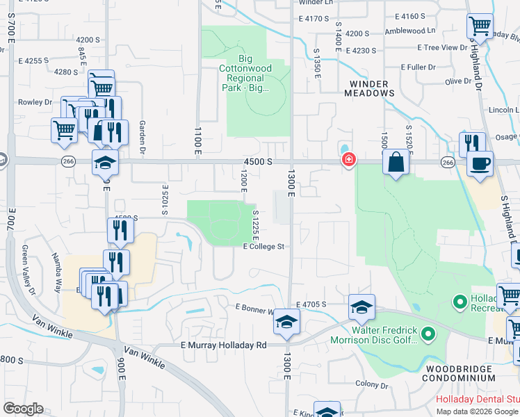 map of restaurants, bars, coffee shops, grocery stores, and more near 4559 South 1225 East in Millcreek
