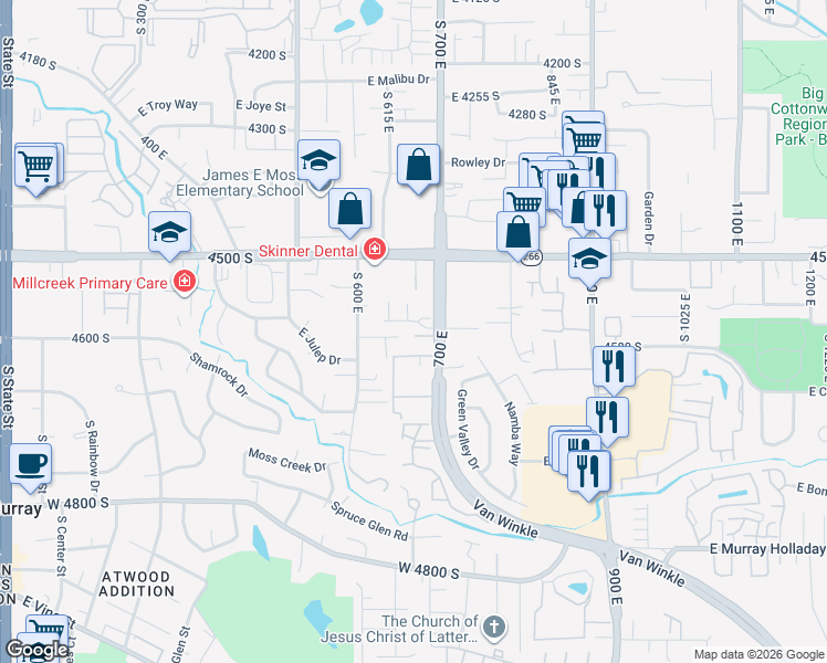 map of restaurants, bars, coffee shops, grocery stores, and more near 657b East Annaston Place in Murray