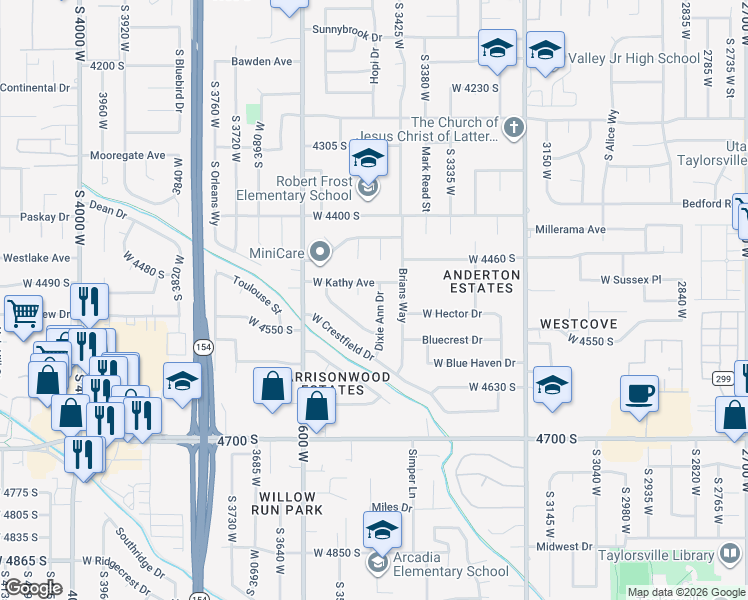 map of restaurants, bars, coffee shops, grocery stores, and more near 3443 West Kathy Avenue in West Valley City