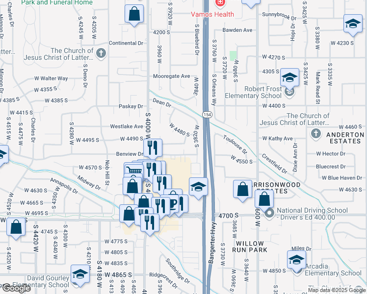 map of restaurants, bars, coffee shops, grocery stores, and more near 3884 West 4504 South in West Valley City