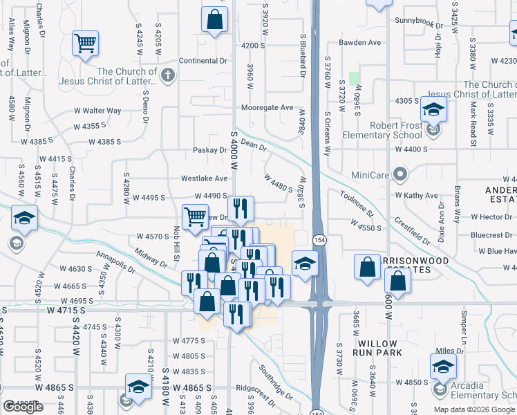 map of restaurants, bars, coffee shops, grocery stores, and more near 4498 Prince Circle in West Valley City