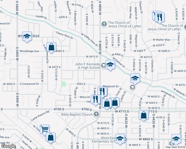 map of restaurants, bars, coffee shops, grocery stores, and more near 4501 Honeywood Lane in West Valley City