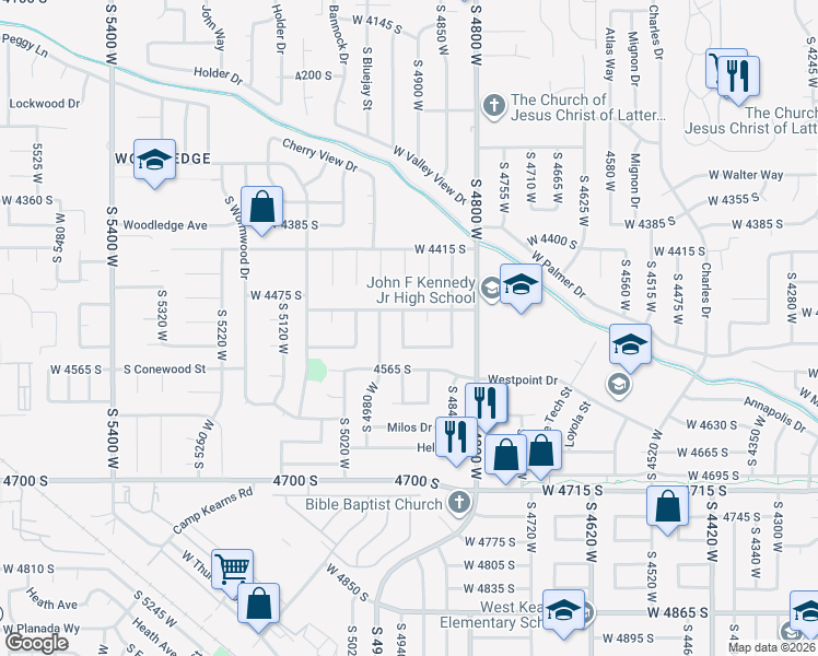 map of restaurants, bars, coffee shops, grocery stores, and more near 4893 West Royal Ann Drive in West Valley City