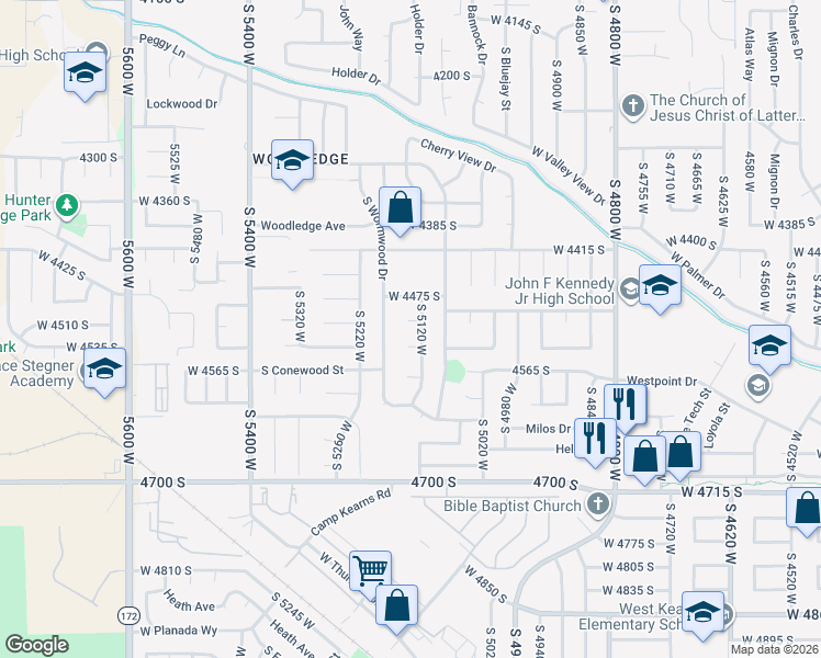 map of restaurants, bars, coffee shops, grocery stores, and more near 5146 White Flower Circle in West Valley City
