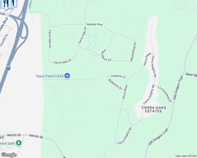 map of restaurants, bars, coffee shops, grocery stores, and more near 9400-9498 Palermo Court in Redding