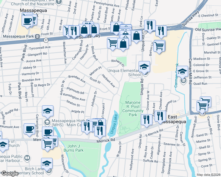 map of restaurants, bars, coffee shops, grocery stores, and more near 30 Scott Street in Massapequa Park