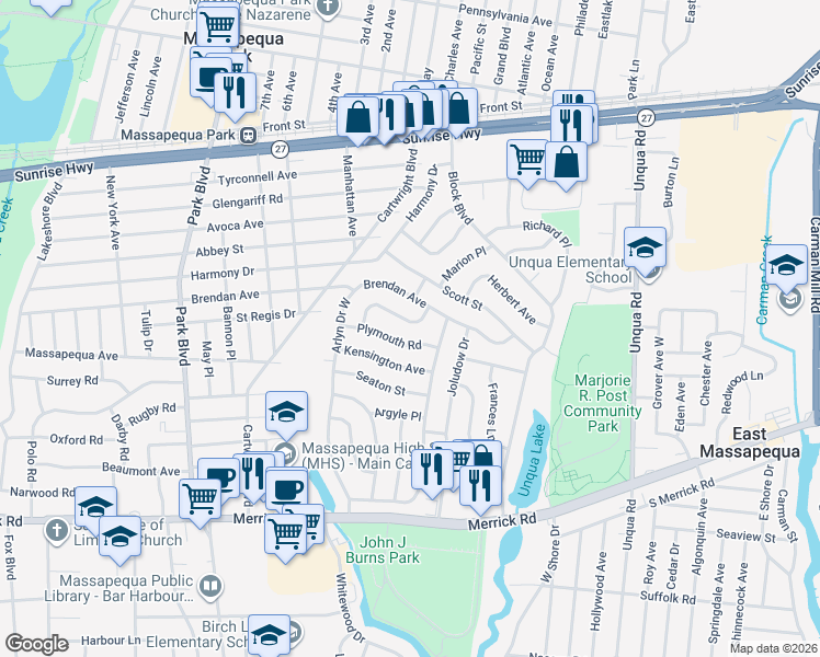 map of restaurants, bars, coffee shops, grocery stores, and more near 21 Cottage Drive in Massapequa