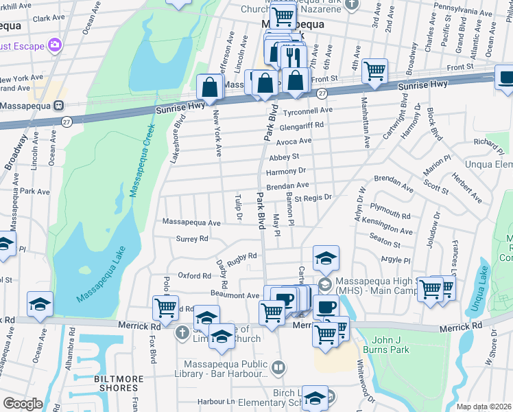 map of restaurants, bars, coffee shops, grocery stores, and more near 75 Saint Regis Drive in Massapequa Park