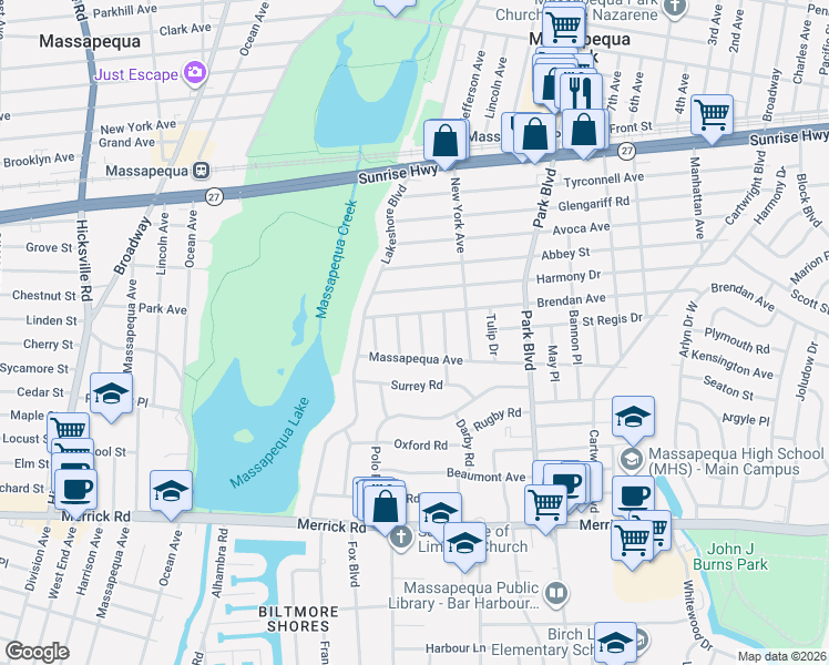 map of restaurants, bars, coffee shops, grocery stores, and more near 38 Brendan Avenue in Massapequa Park