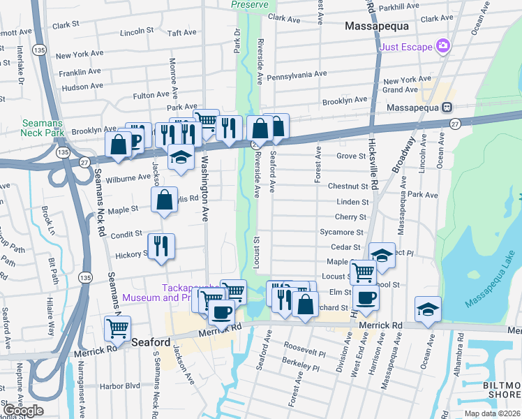 map of restaurants, bars, coffee shops, grocery stores, and more near 63 Riverside Avenue in Massapequa