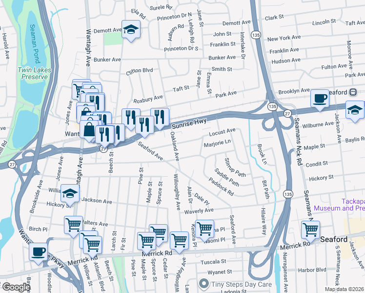map of restaurants, bars, coffee shops, grocery stores, and more near 3525 Locust Avenue in Wantagh