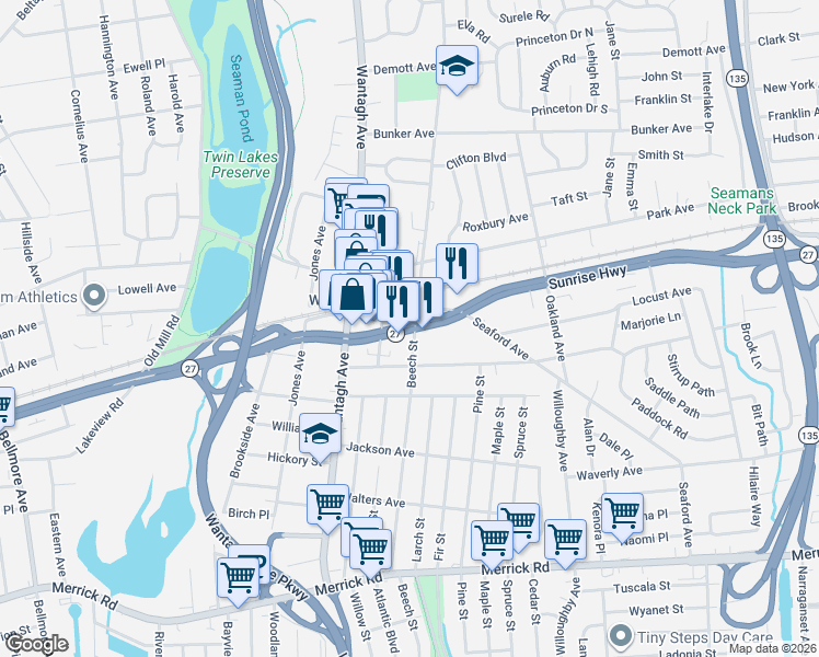 map of restaurants, bars, coffee shops, grocery stores, and more near 3301 Sunrise Highway in Wantagh