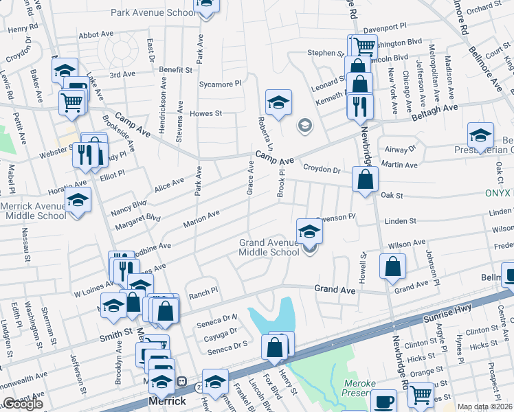 map of restaurants, bars, coffee shops, grocery stores, and more near 131 Marion Avenue in Merrick