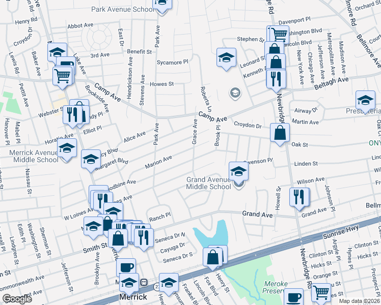 map of restaurants, bars, coffee shops, grocery stores, and more near 131 Marion Avenue in Merrick