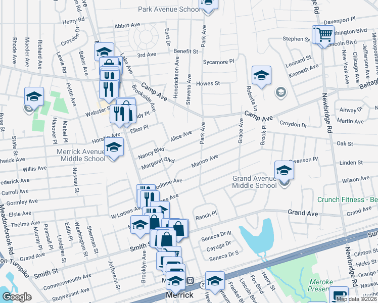 map of restaurants, bars, coffee shops, grocery stores, and more near 37 Nancy Boulevard in Merrick