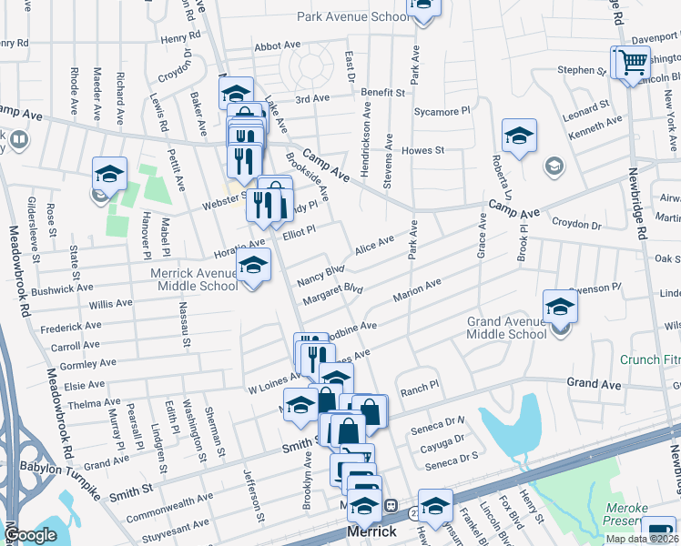 map of restaurants, bars, coffee shops, grocery stores, and more near 2 Alice Avenue in Merrick