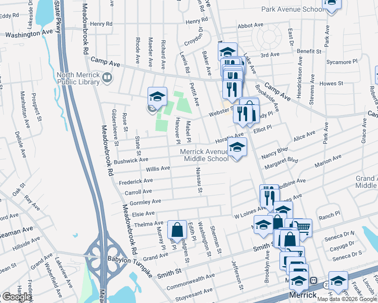 map of restaurants, bars, coffee shops, grocery stores, and more near 1862 Horatio Avenue in Merrick