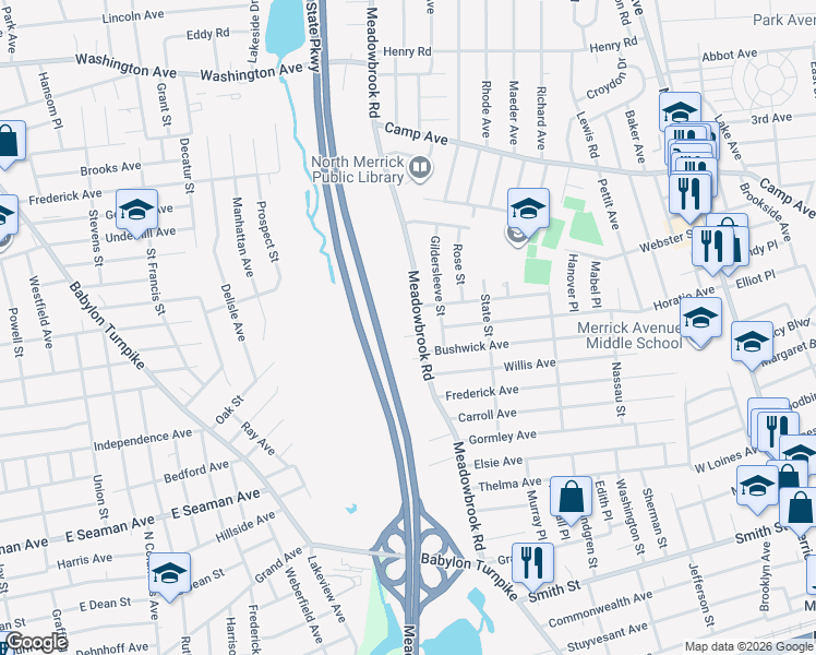 map of restaurants, bars, coffee shops, grocery stores, and more near 1816 Meadowbrook Road in Merrick