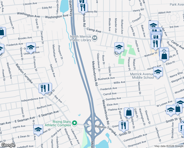 map of restaurants, bars, coffee shops, grocery stores, and more near 1816 Meadowbrook Road in Merrick