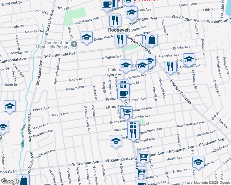 map of restaurants, bars, coffee shops, grocery stores, and more near 27 Davis Street in Freeport