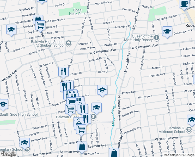 map of restaurants, bars, coffee shops, grocery stores, and more near 939 Kings Parkway in Baldwin