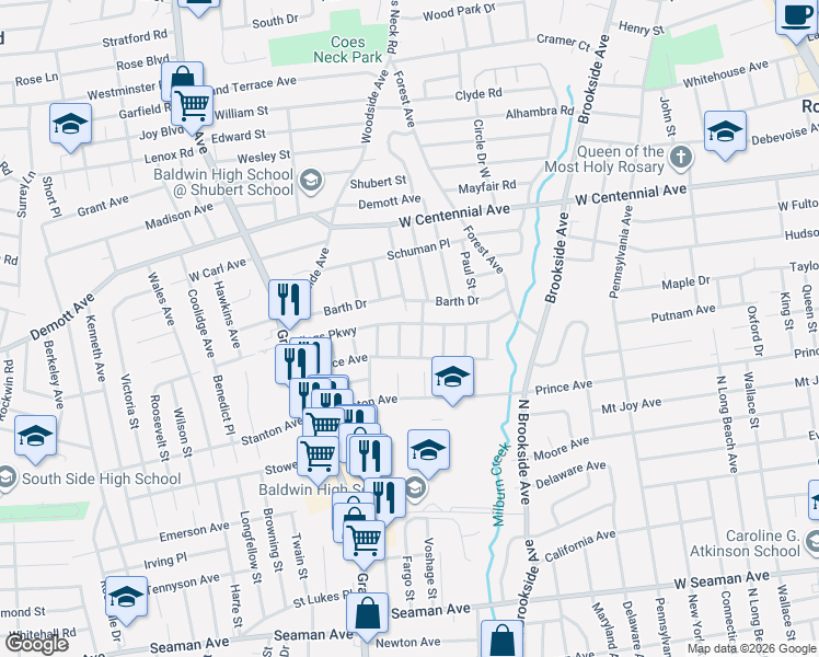 map of restaurants, bars, coffee shops, grocery stores, and more near 895 Kings Parkway in Baldwin