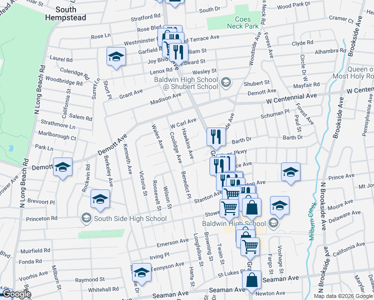 map of restaurants, bars, coffee shops, grocery stores, and more near 699 William Street in Baldwin
