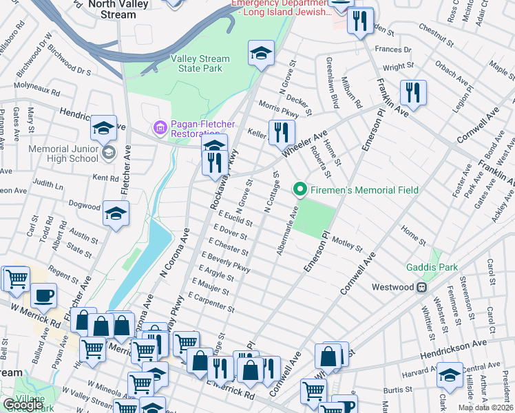 map of restaurants, bars, coffee shops, grocery stores, and more near 52 Virginia Street in Valley Stream