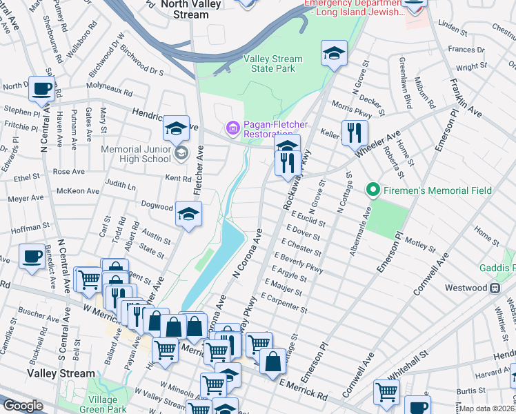 map of restaurants, bars, coffee shops, grocery stores, and more near 51 West Euclid Street in Valley Stream