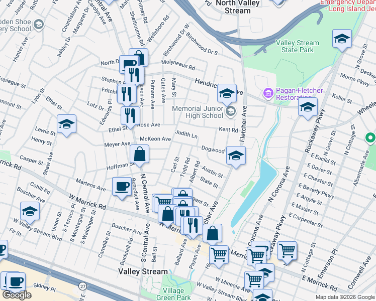 map of restaurants, bars, coffee shops, grocery stores, and more near 90 Judith Lane in Valley Stream